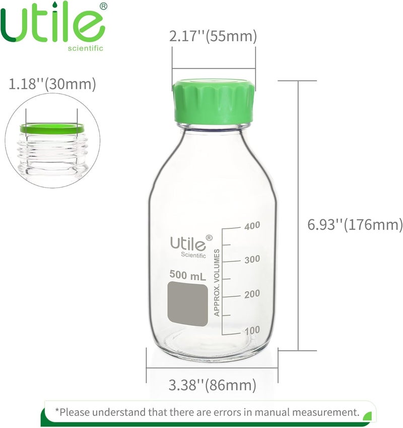 UTILE Media Bottle, 3.3 Borosilicate Glass Bottles with GL45 Screw Caps, 4pcs of 500ml(16.9oz) Lab Media Bottles, PP Material Media Storage Bottle, 4038.0500.4 - Image 2
